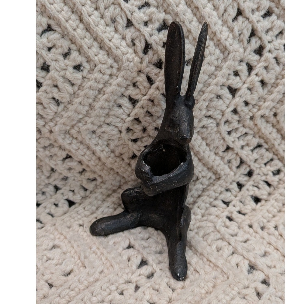 Vintage Cast Iron Rabbit Figurine Hare Napkin Holder Rustic Brown 7.5 inch